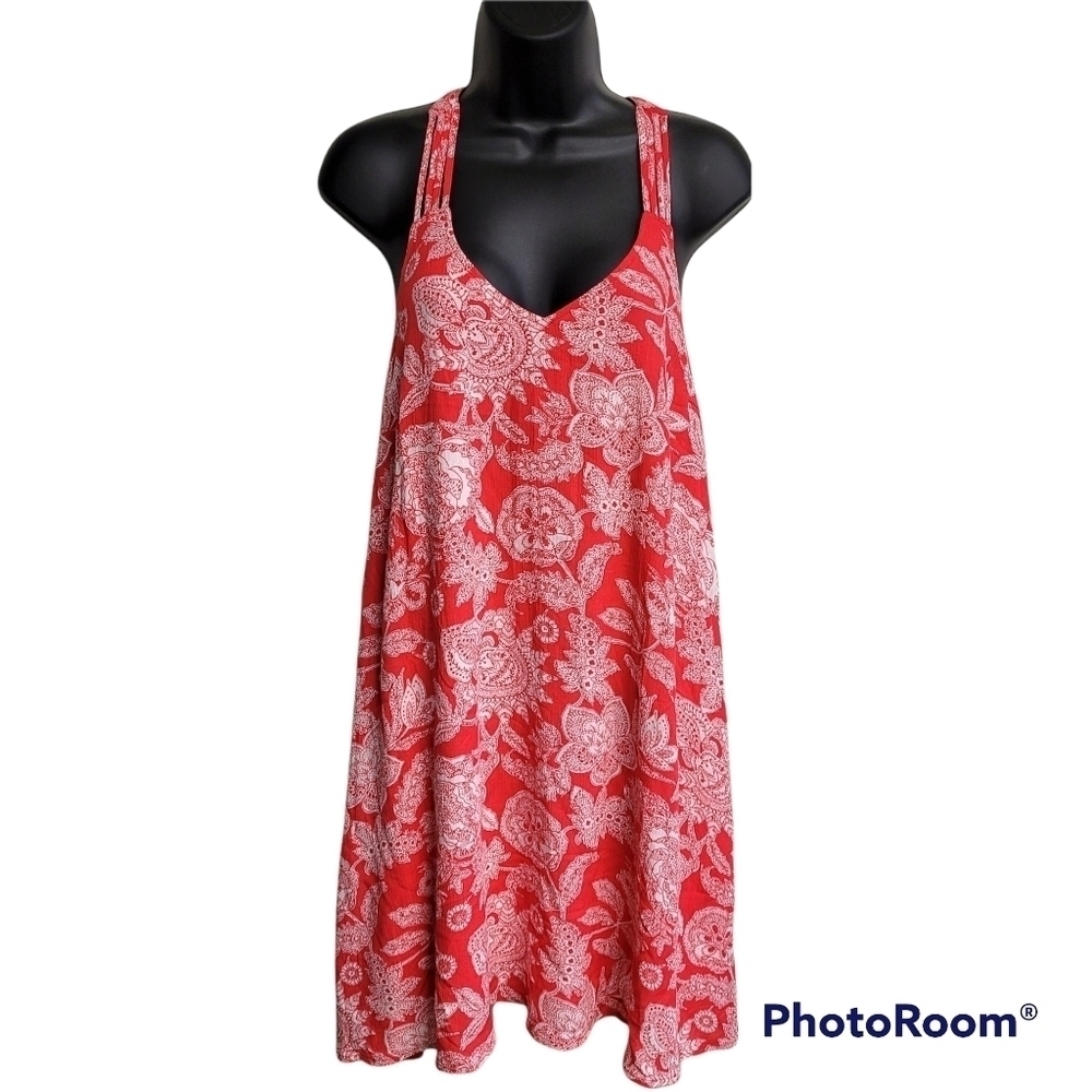 Entro Coral And White Paisley Open Strappy Back Swing Dress Women's Size Small